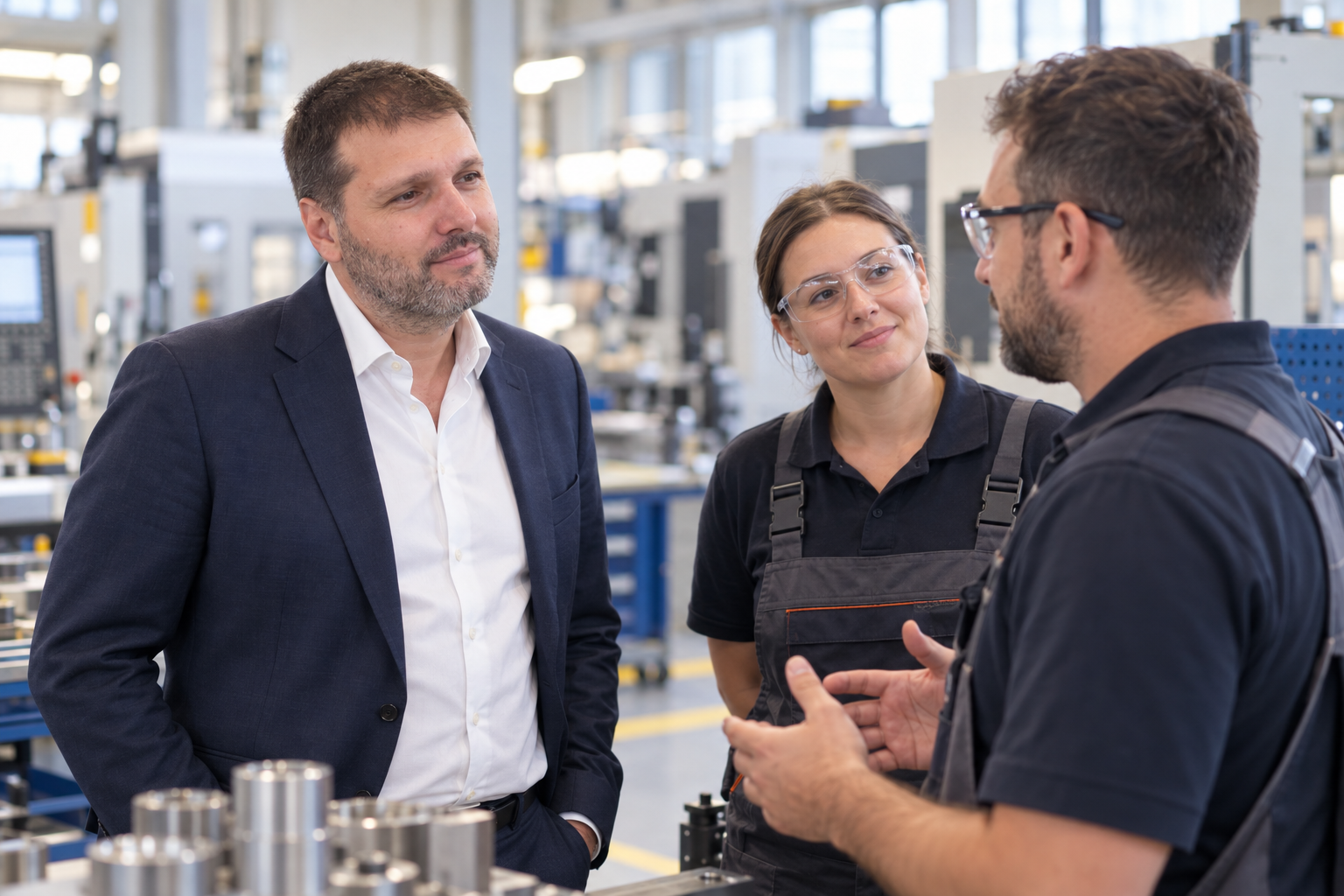 Catalin Veres speaking with two colleagues on a manufacturing floor