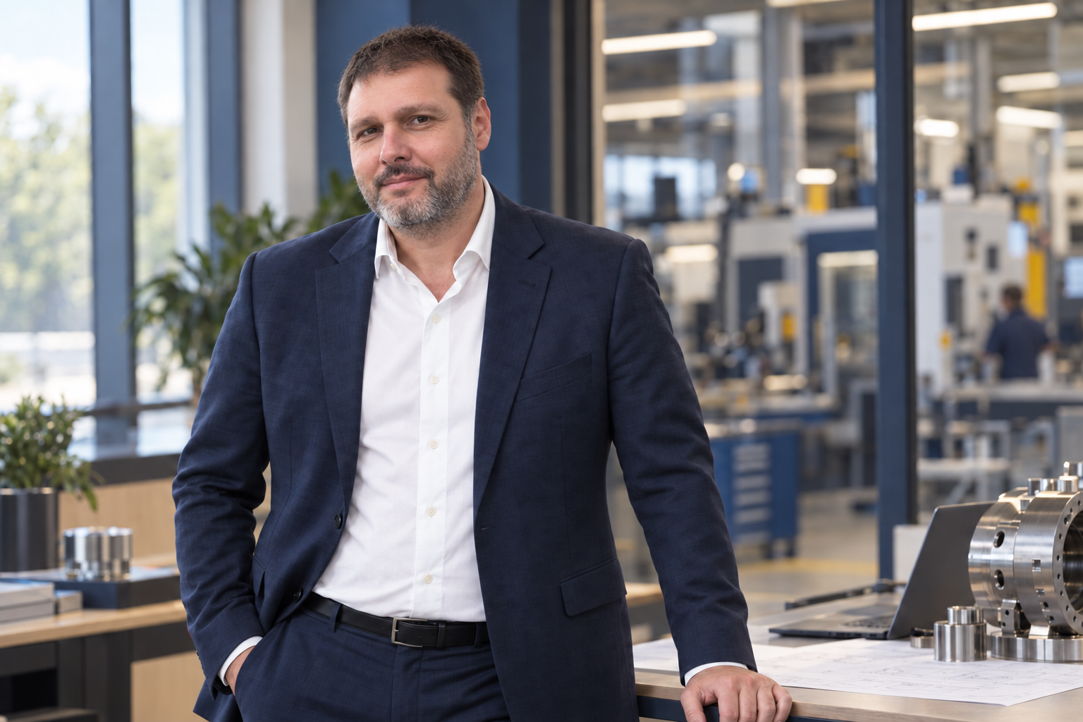 Catalin Veres standing beside engineering drawings in a manufacturing setting